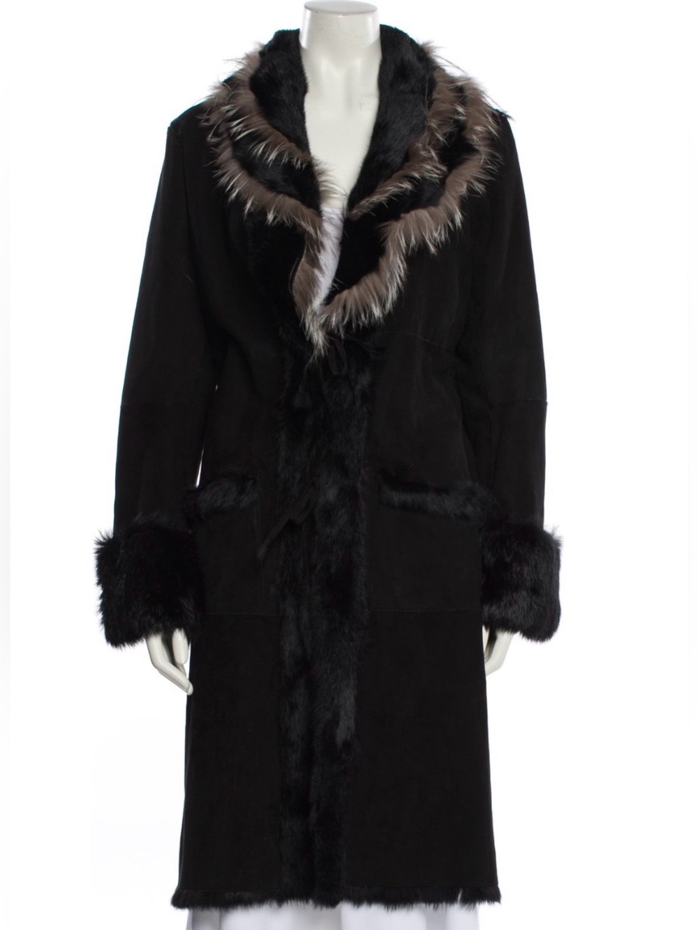 Women's Black Quilted rabbit suede Fur Long Coat with Contrast Trim tie closure